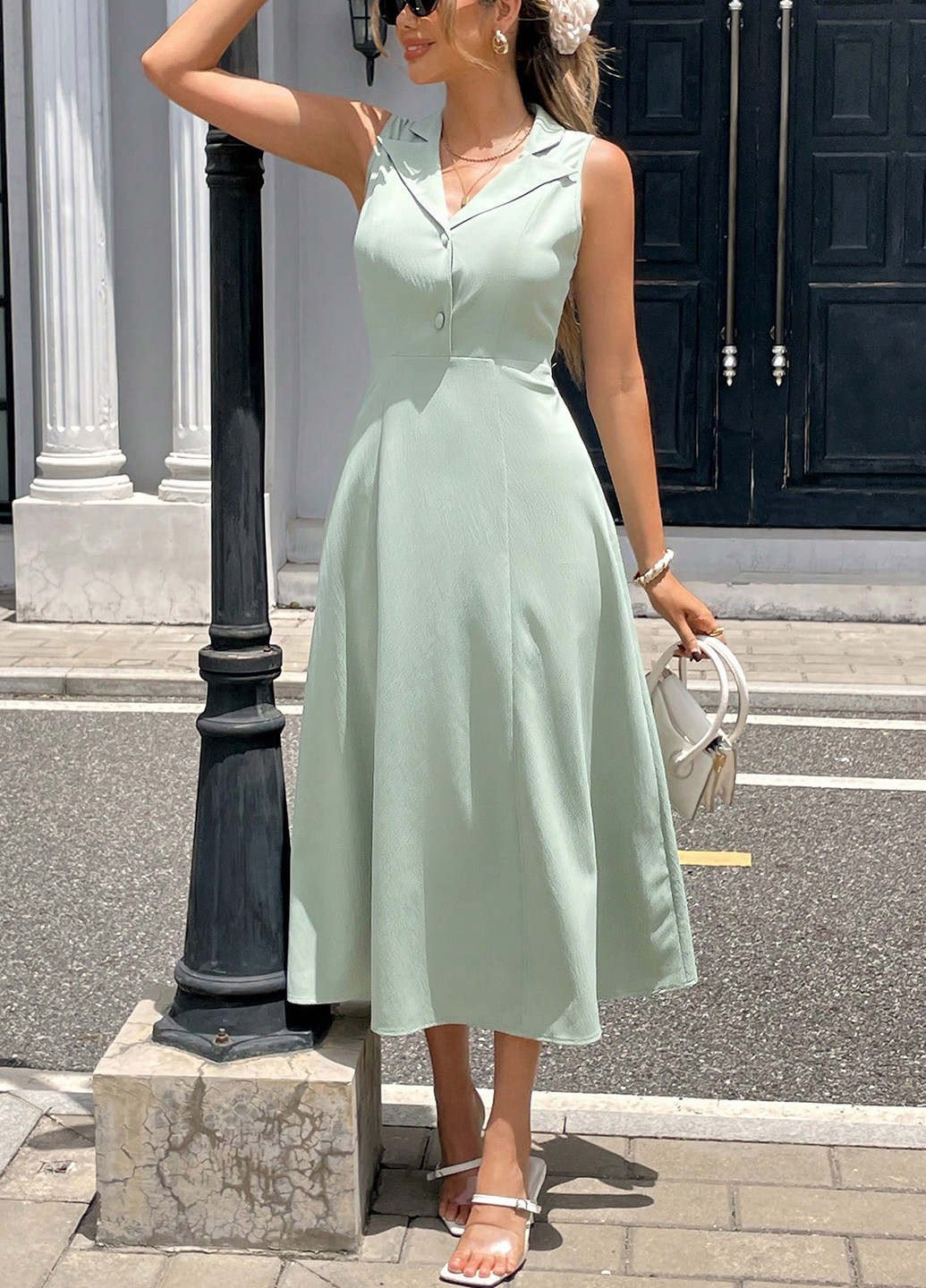 Светло-зеленое праздничный, кэжуал платье клеш SHEIN однотонное