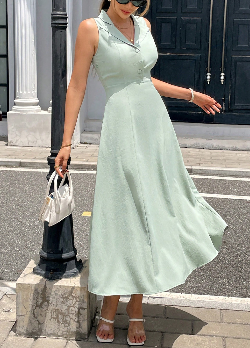 Светло-зеленое праздничный, кэжуал платье клеш SHEIN однотонное