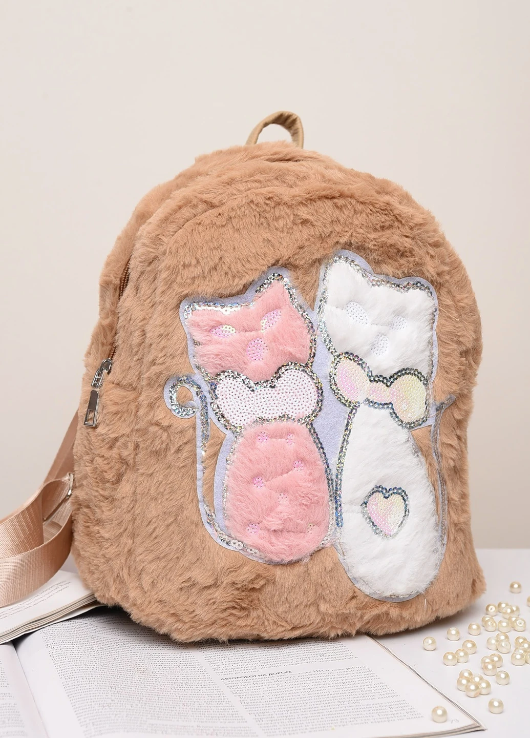 Рюкзак хутряний дитячий з котиками коричневий Let's Shop (254369866)