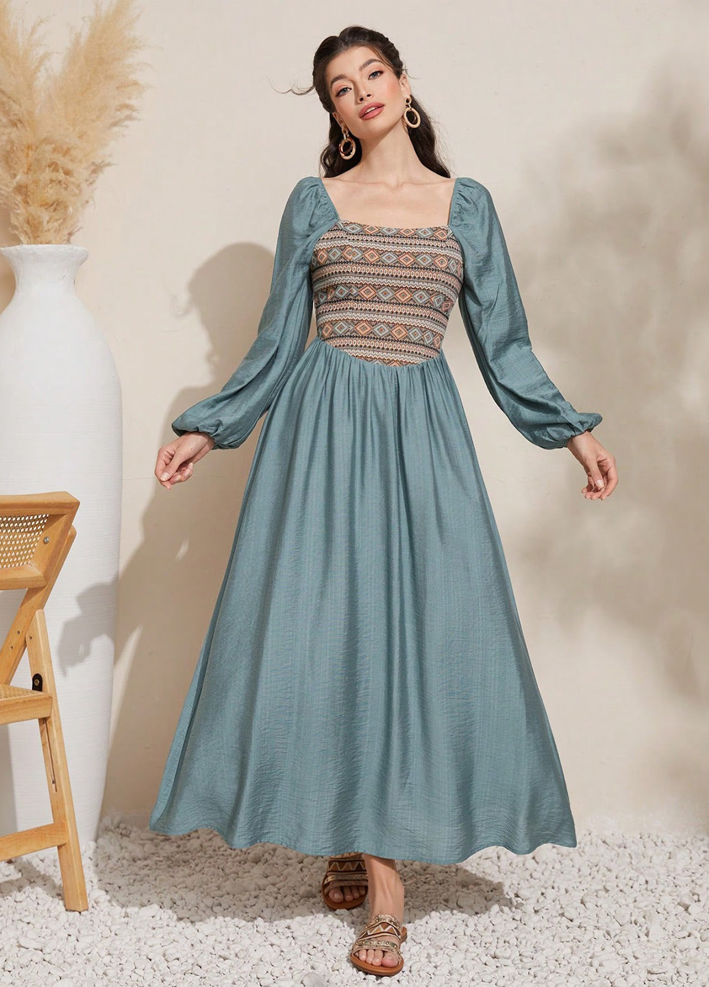 Сіро-голубий кежуал сукня а-силует SHEIN з орнаментом