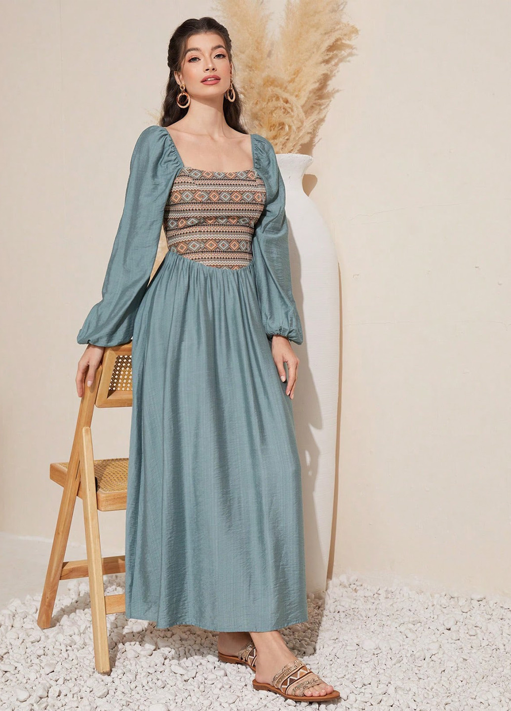 Сіро-голубий кежуал сукня а-силует SHEIN з орнаментом