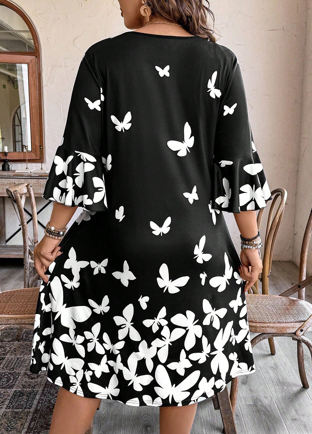 Черно-белое кэжуал платье а-силуэт SHEIN бабочки