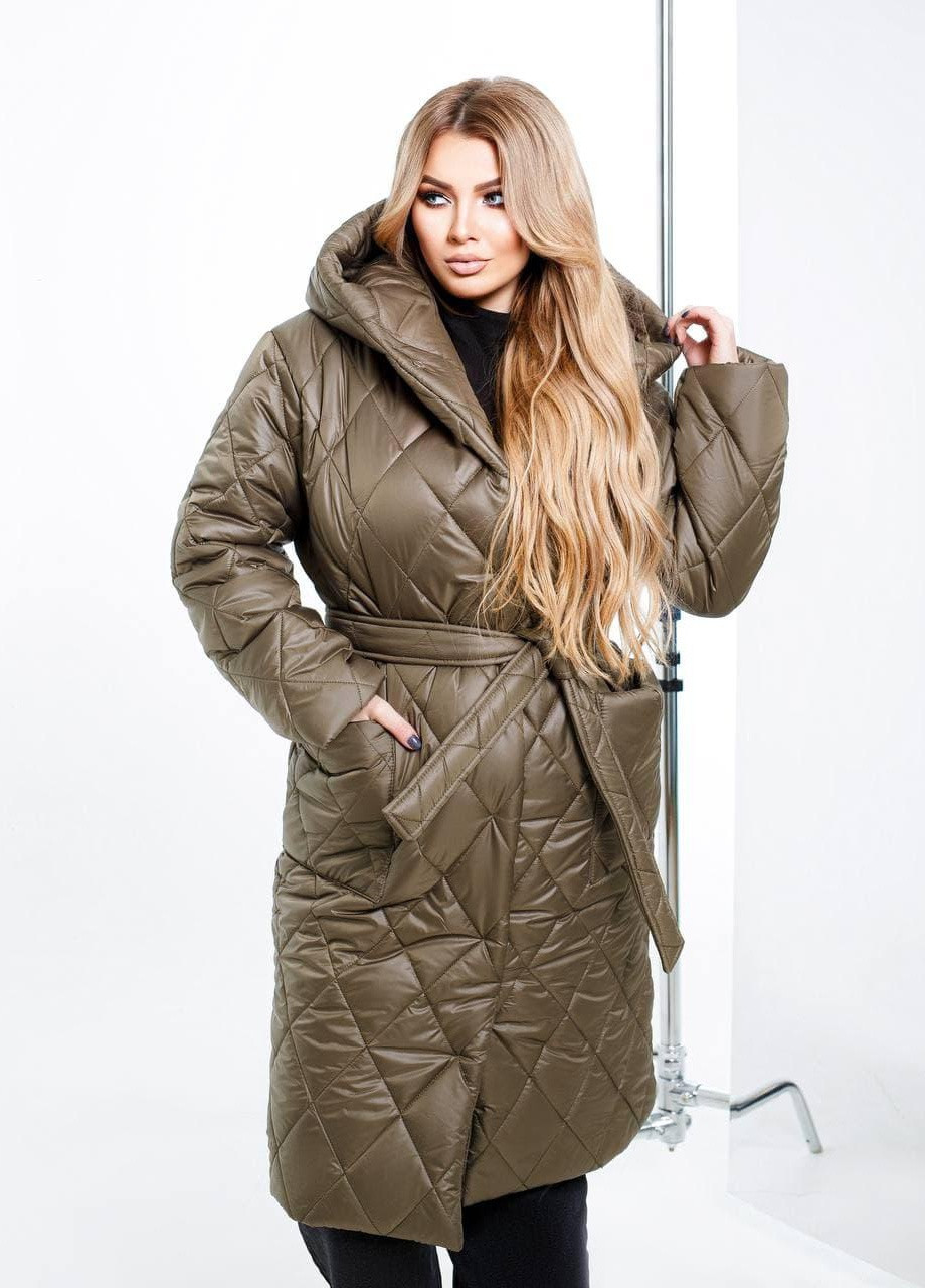 Оливковая (хаки) женская стеганная куртка под пояс цвет хаки р. 50/52 377567 New Trend