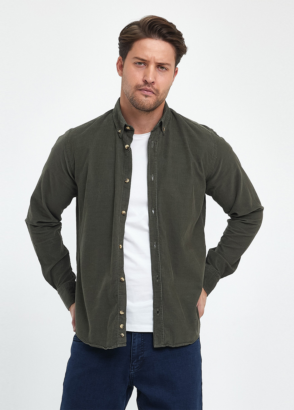 Серо-зеленая кэжуал рубашка однотонная Trend Collection