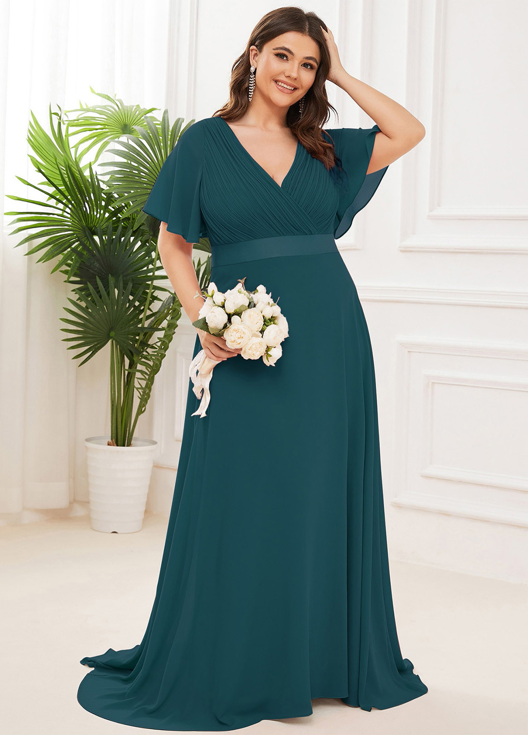 Темно-бирюзовое вечернее платье на запах SHEIN однотонное