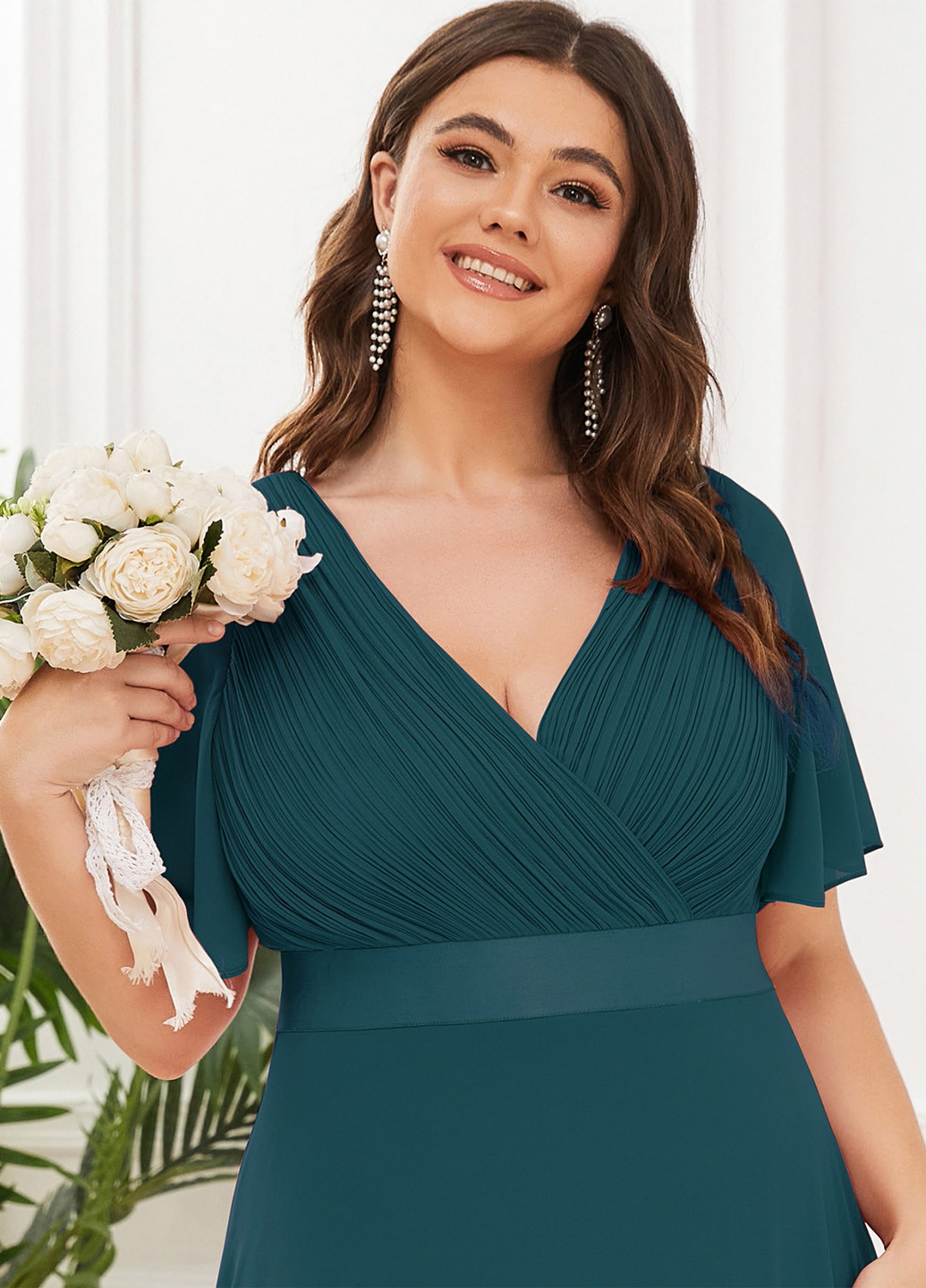 Темно-бирюзовое вечернее платье на запах SHEIN однотонное