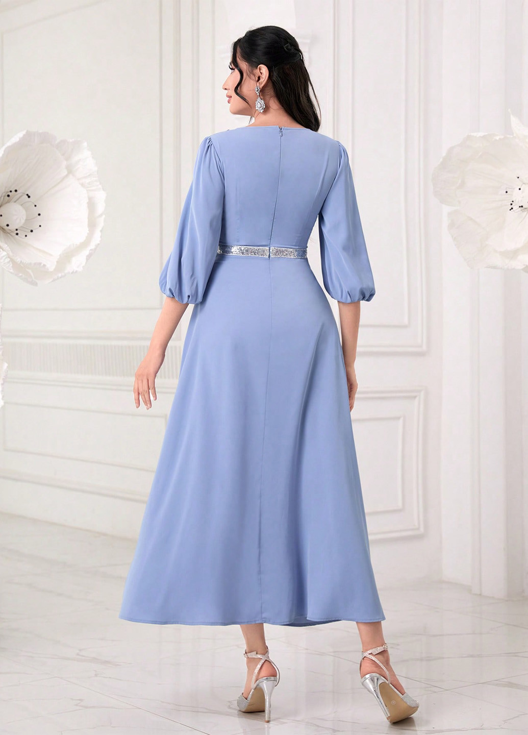 Світло-синя вечірня сукня з спідницею-сонце, в стилі армпір SHEIN однотонна