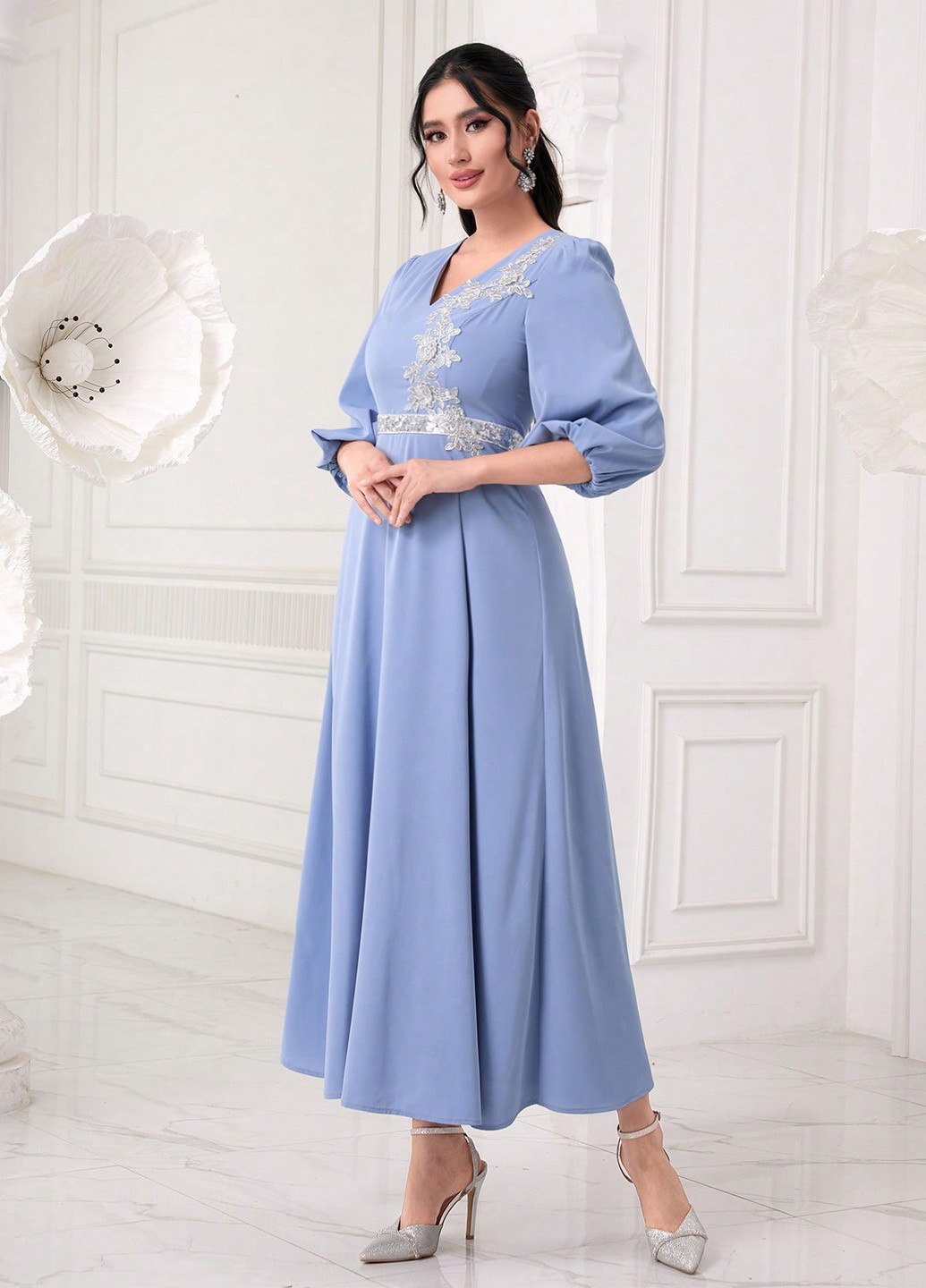 Світло-синя вечірня сукня з спідницею-сонце, в стилі армпір SHEIN однотонна