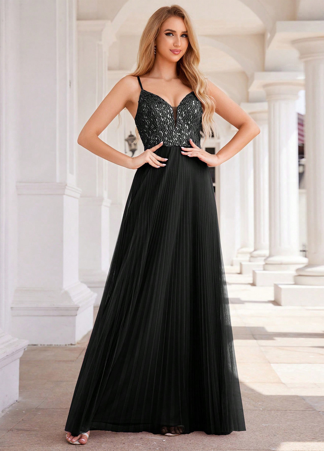 Черное праздничный, вечернее платье с открытой спиной, а-силуэт SHEIN однотонное