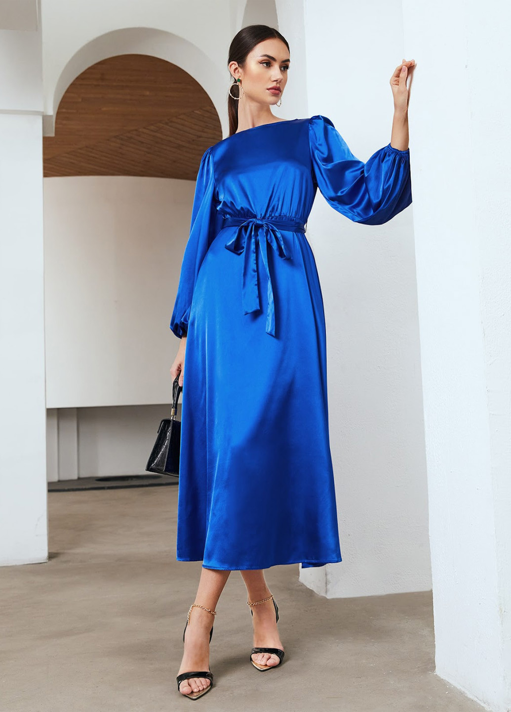 Синя коктейльна, ділова сукня кльош SHEIN однотонна