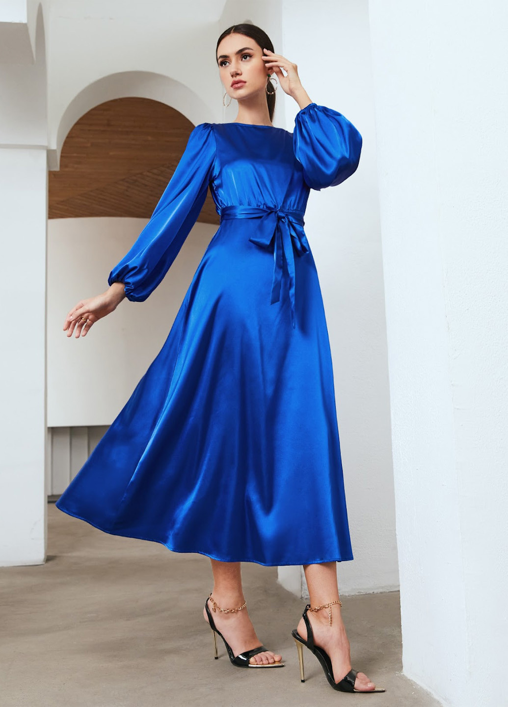 Синя коктейльна, ділова сукня кльош SHEIN однотонна