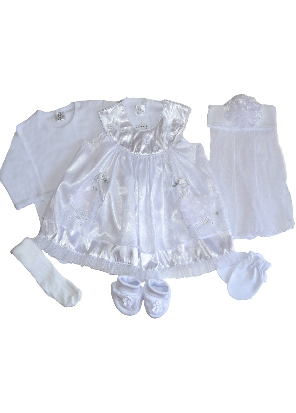 Белый демисезонный комплект (платье, боди, колготы, царапки, пинетки, повязка-фата) Kardesler