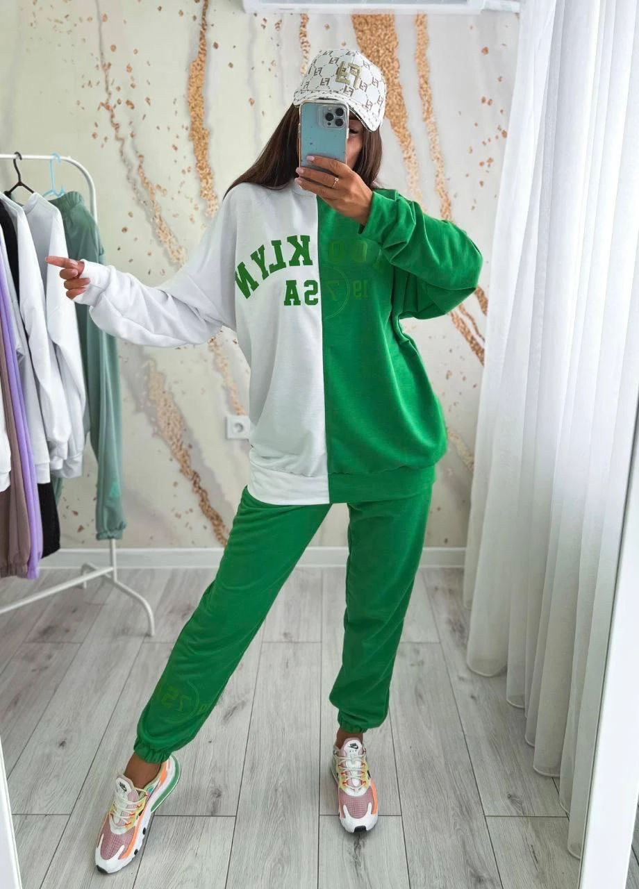 Жіночий спортивний костюм OVERSIZE S-M L-XL 2XL-3XL (42-44 46-48 50-52) біло-зелений No Brand (254565502)
