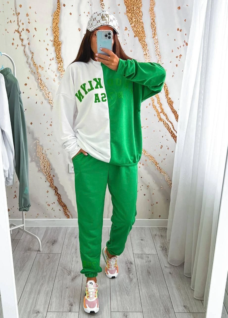 Жіночий спортивний костюм OVERSIZE S-M L-XL 2XL-3XL (42-44 46-48 50-52) біло-зелений No Brand (254565502)