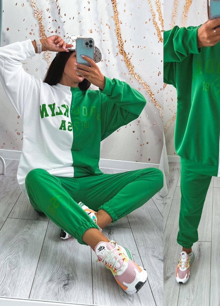 Женский спортивный костюм OVERSIZE S-M L-XL 2XL-3XL (42-44 46-48 50-52) бело-зеленый No Brand (254565502)