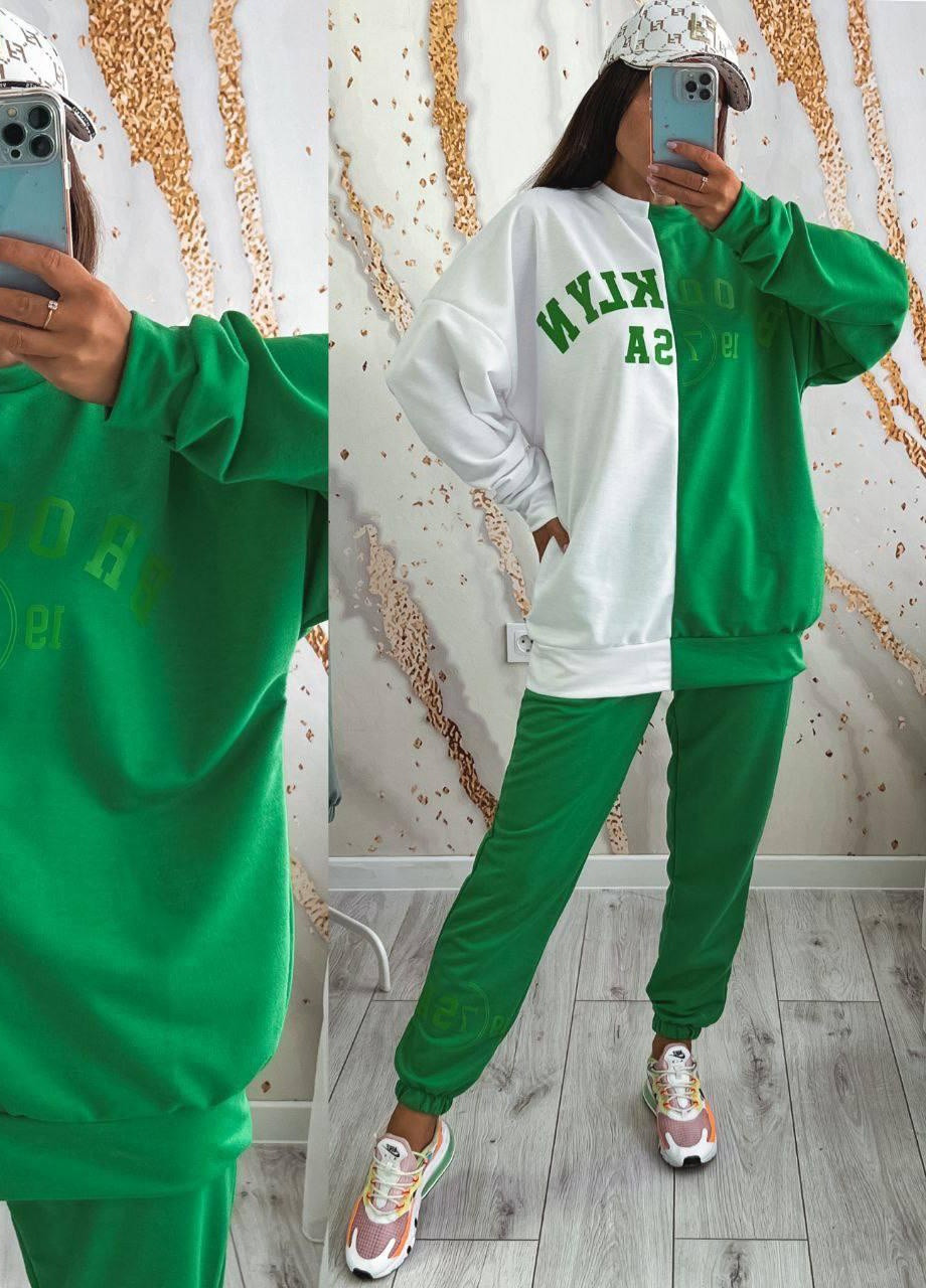 Женский спортивный костюм OVERSIZE S-M L-XL 2XL-3XL (42-44 46-48 50-52) бело-зеленый No Brand (254565502)