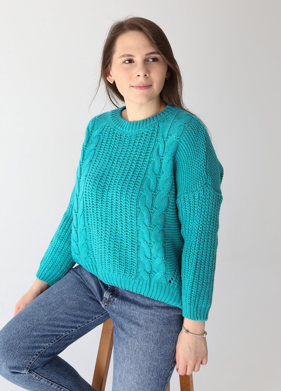 Бирюзовый демисезонный свитер женский бирюзовый вязаный широкий JEANSclub Свободная