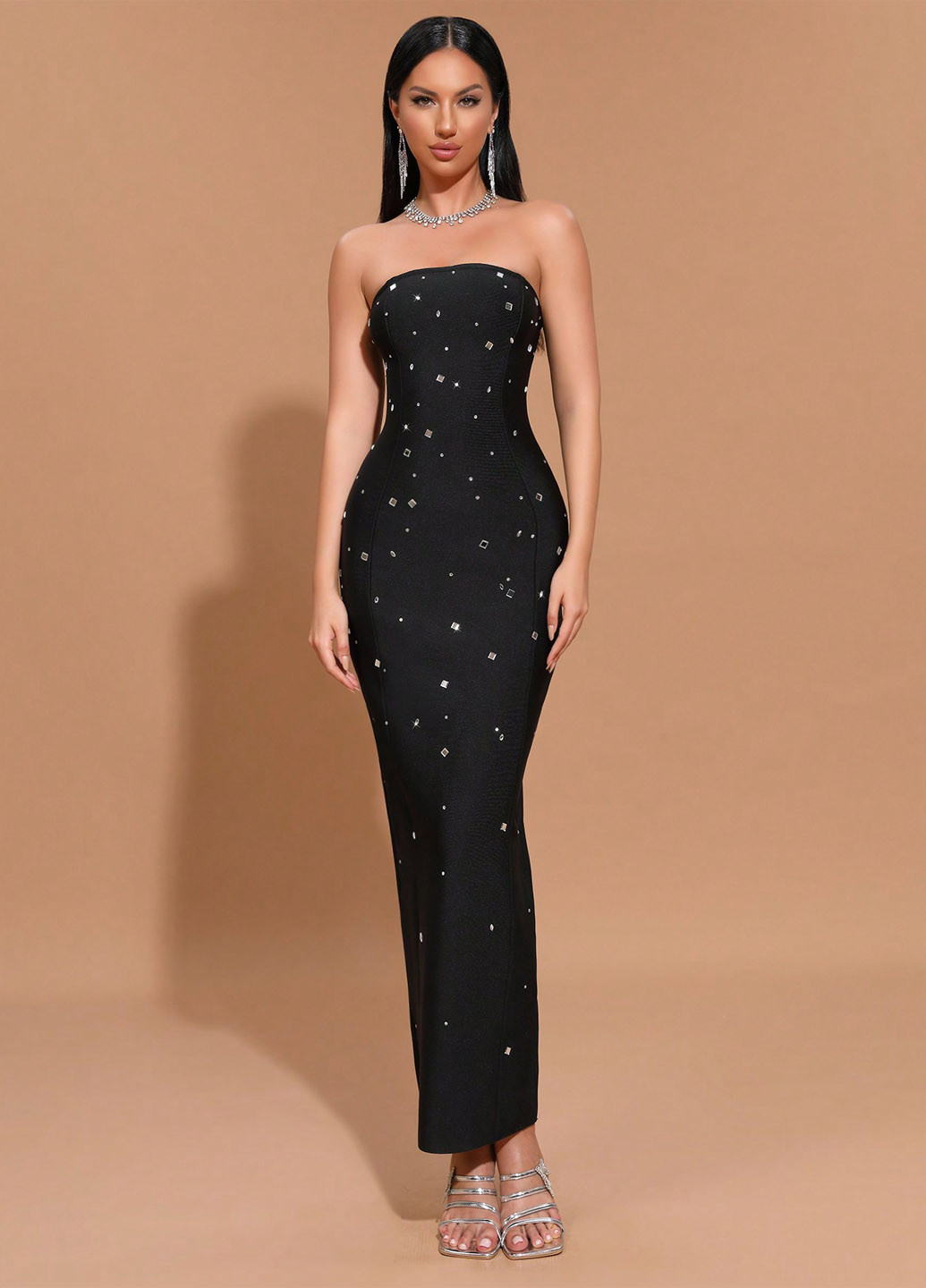 Черное праздничный, вечернее платье бандо, с открытыми плечами SHEIN однотонное