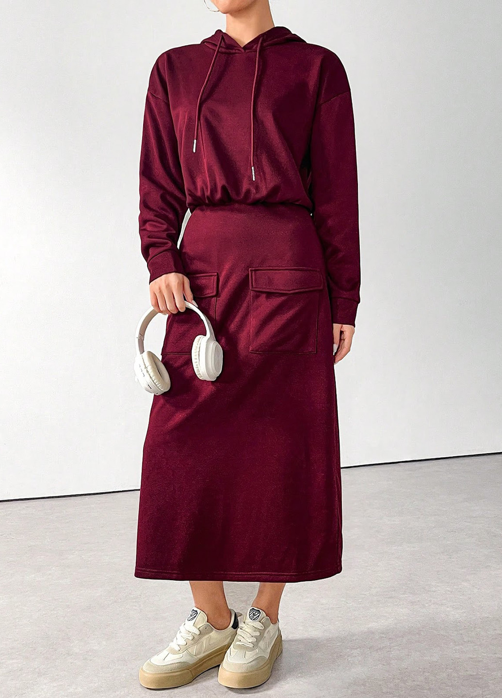 Бордовое кэжуал платье платье-худи SHEIN однотонное