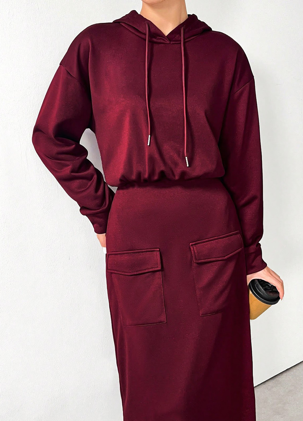 Бордовое кэжуал платье платье-худи SHEIN однотонное