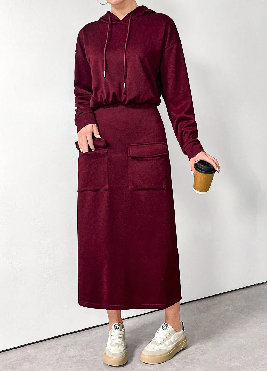 Бордовое кэжуал платье платье-худи SHEIN однотонное