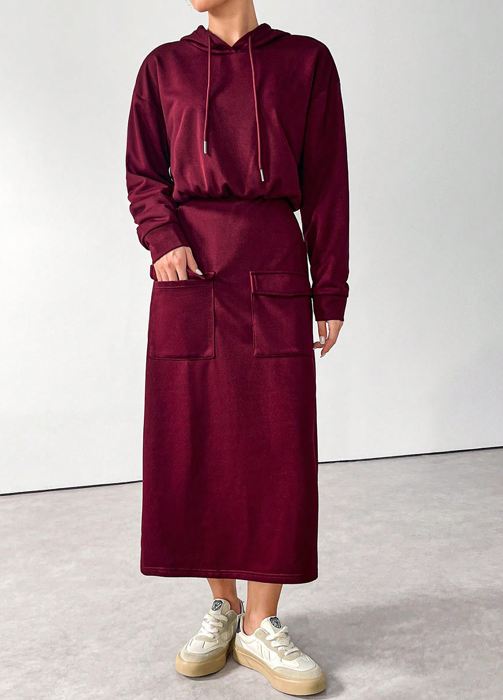Бордовое кэжуал платье платье-худи SHEIN однотонное