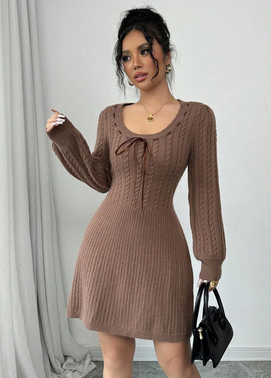 Коричневое кэжуал платье платье-свитер SHEIN однотонное