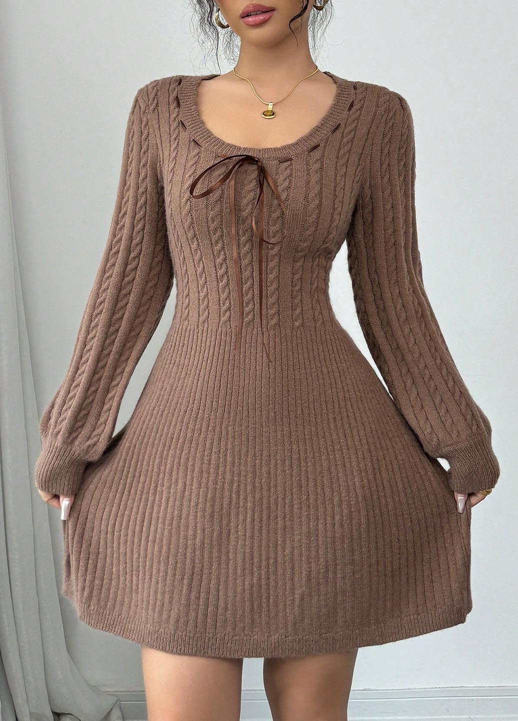 Коричневое кэжуал платье платье-свитер SHEIN однотонное