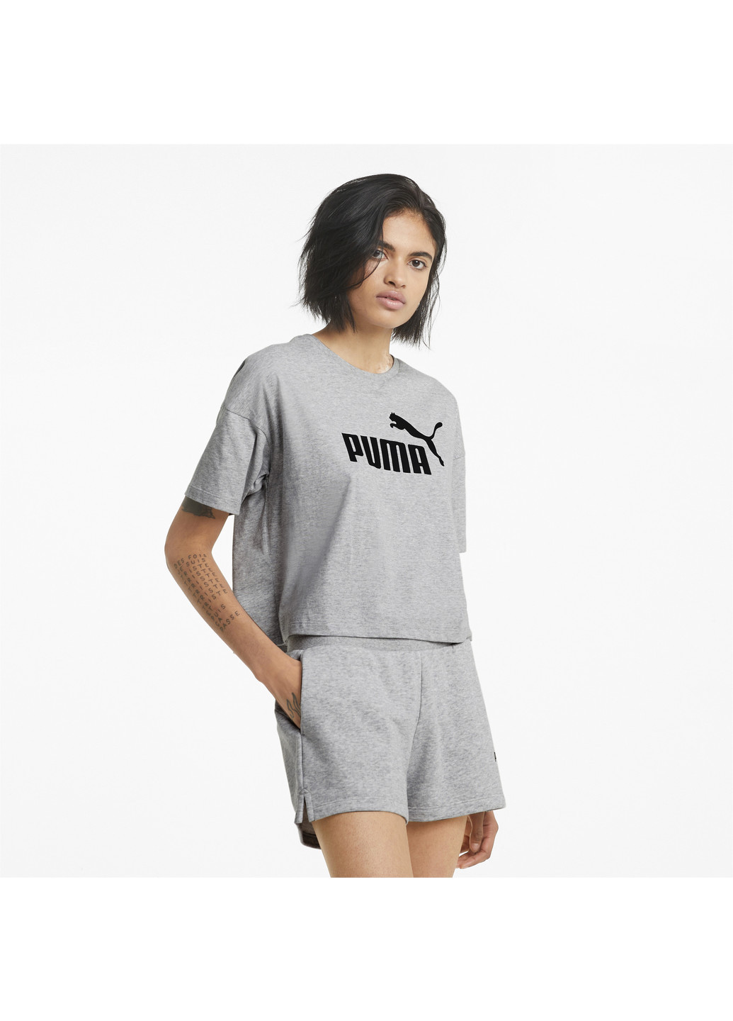 Серая всесезон футболка essentials logo cropped women's tee Puma