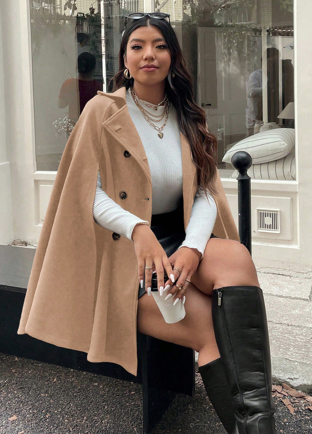 Бежевое демисезонное Пальто кейп SHEIN