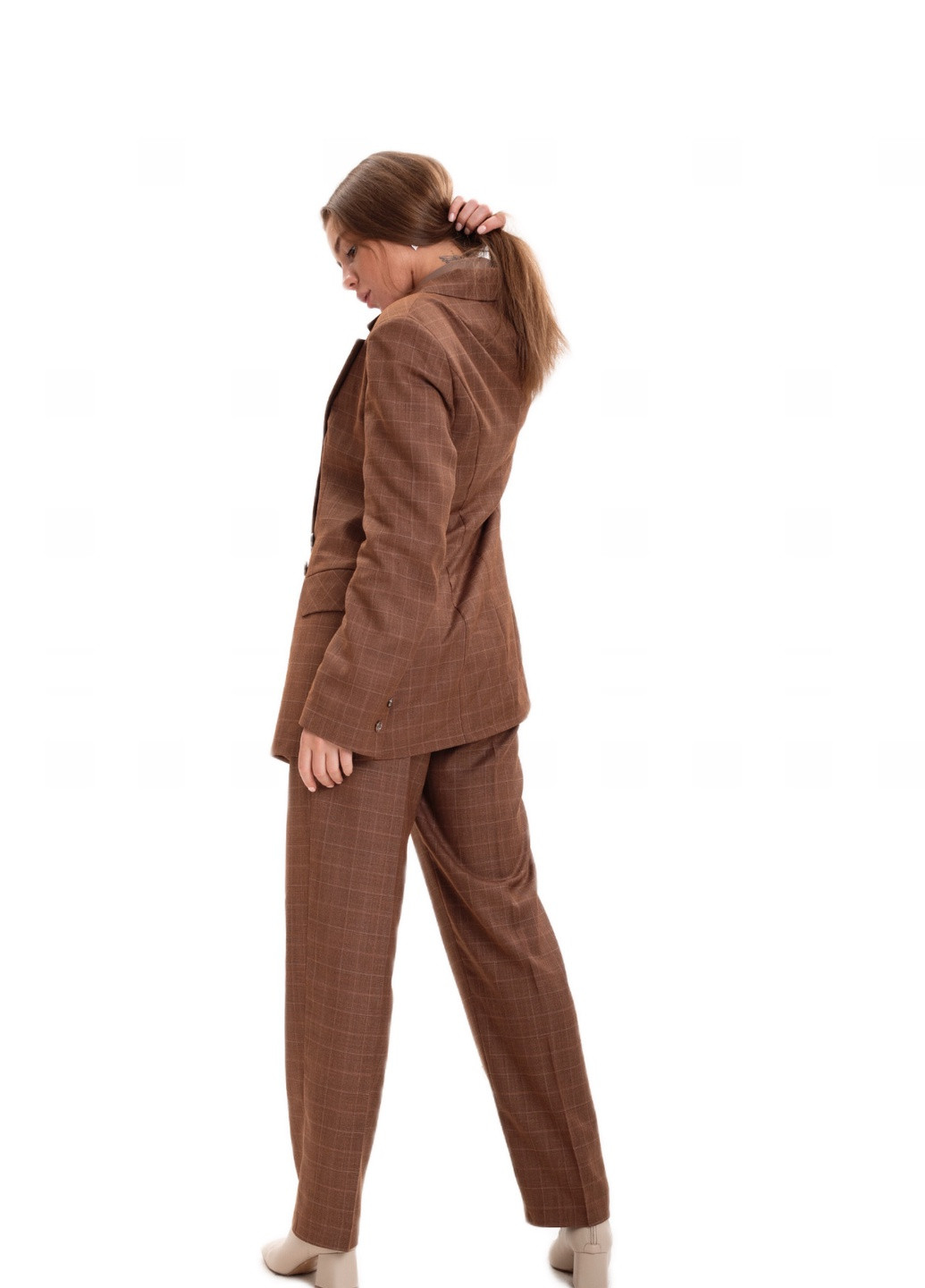 Костюм жіночий класичний в коричневу клітинку Шо Вдягти брючний клітинка коричневий діловий віскоза, костюмна
