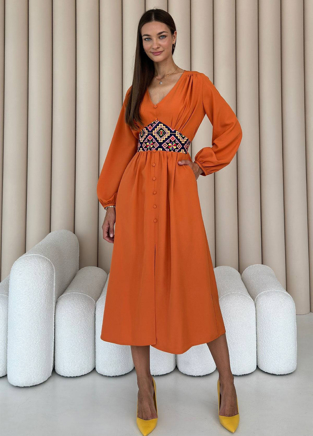 Помаранчева кежуал сукня кльош No Brand з геометричним візерунком