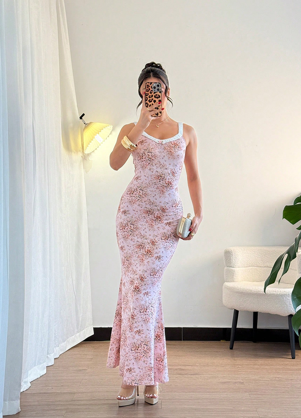 Розовое праздничный, вечернее, кэжуал платье годе SHEIN с цветочным принтом