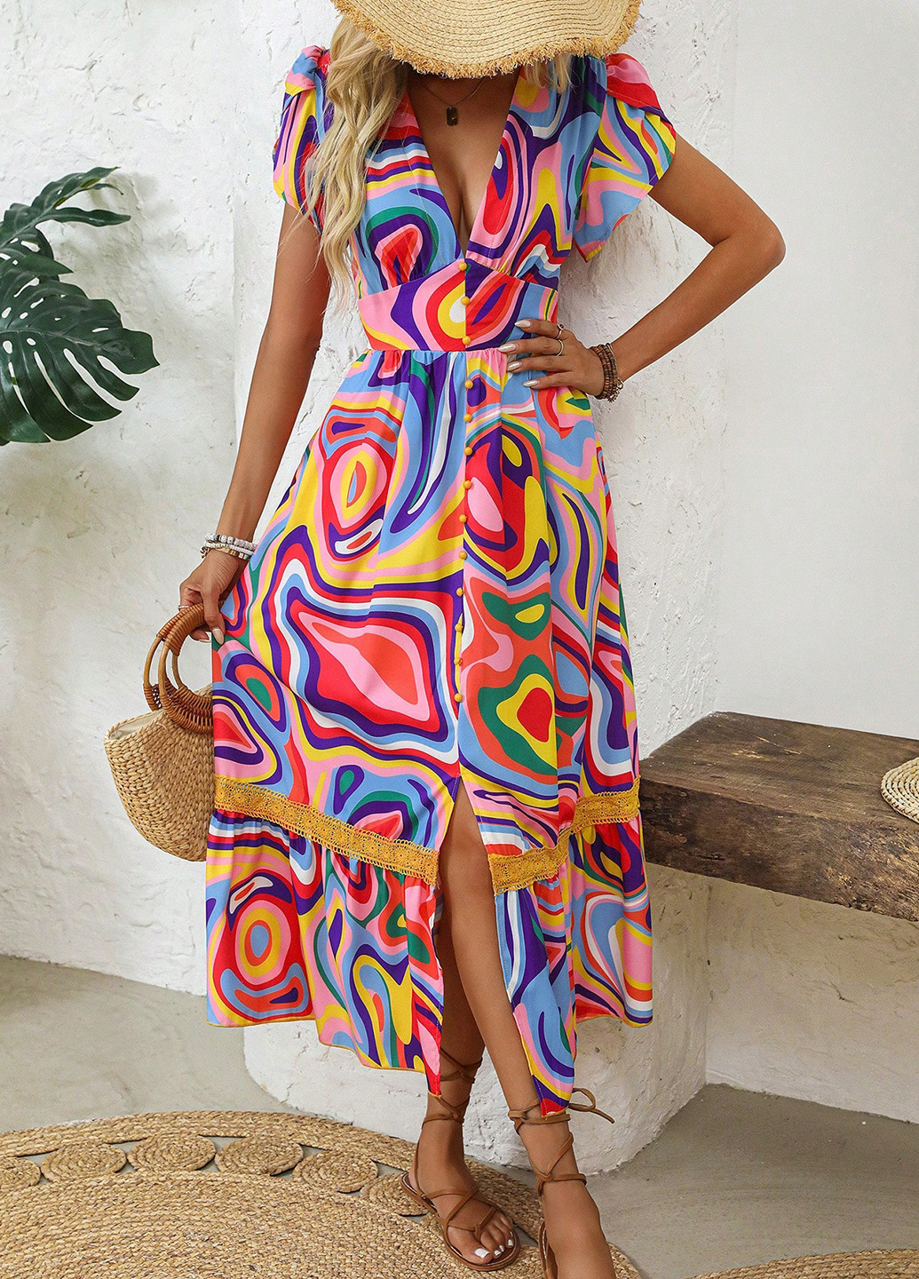 Комбинированное кэжуал платье клеш SHEIN с абстрактным узором