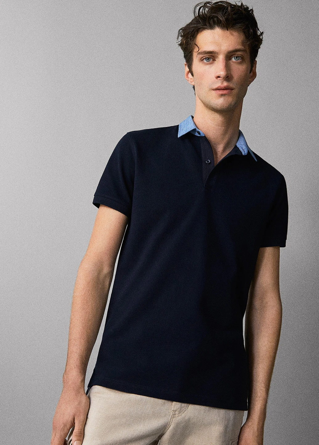 Темно-синяя футболка-поло для мужчин Massimo Dutti однотонная