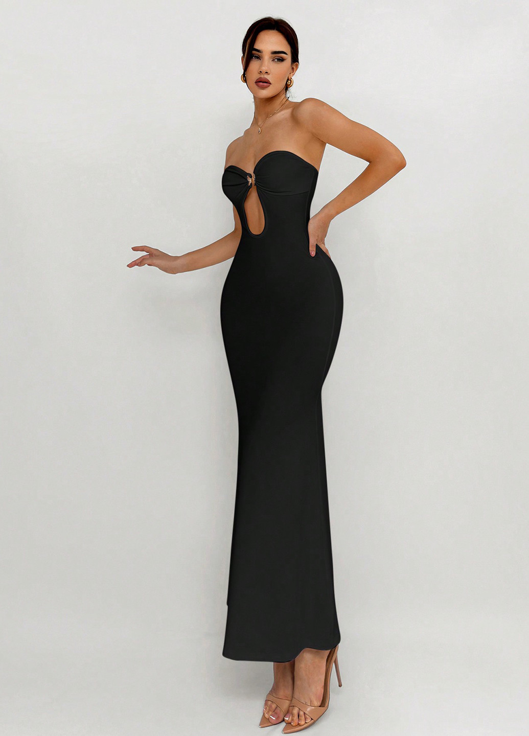 Черное вечернее платье годе, с открытой спиной SHEIN однотонное