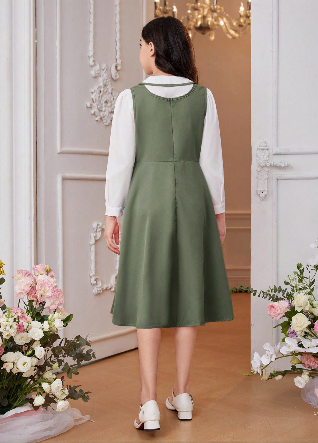 Фісташковий демісезонний комплект (блуза, сарафан) SHEIN