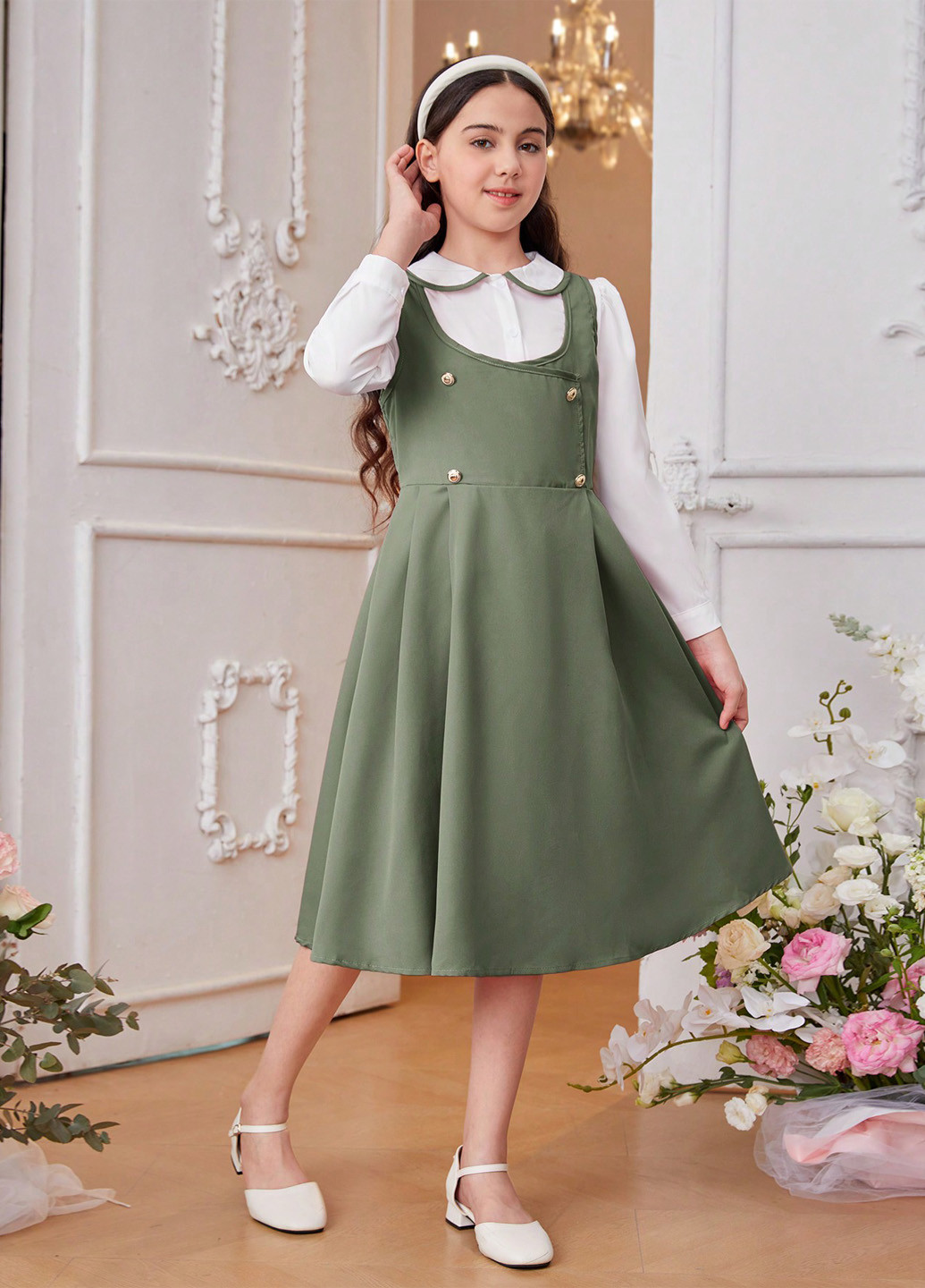 Фісташковий демісезонний комплект (блуза, сарафан) SHEIN