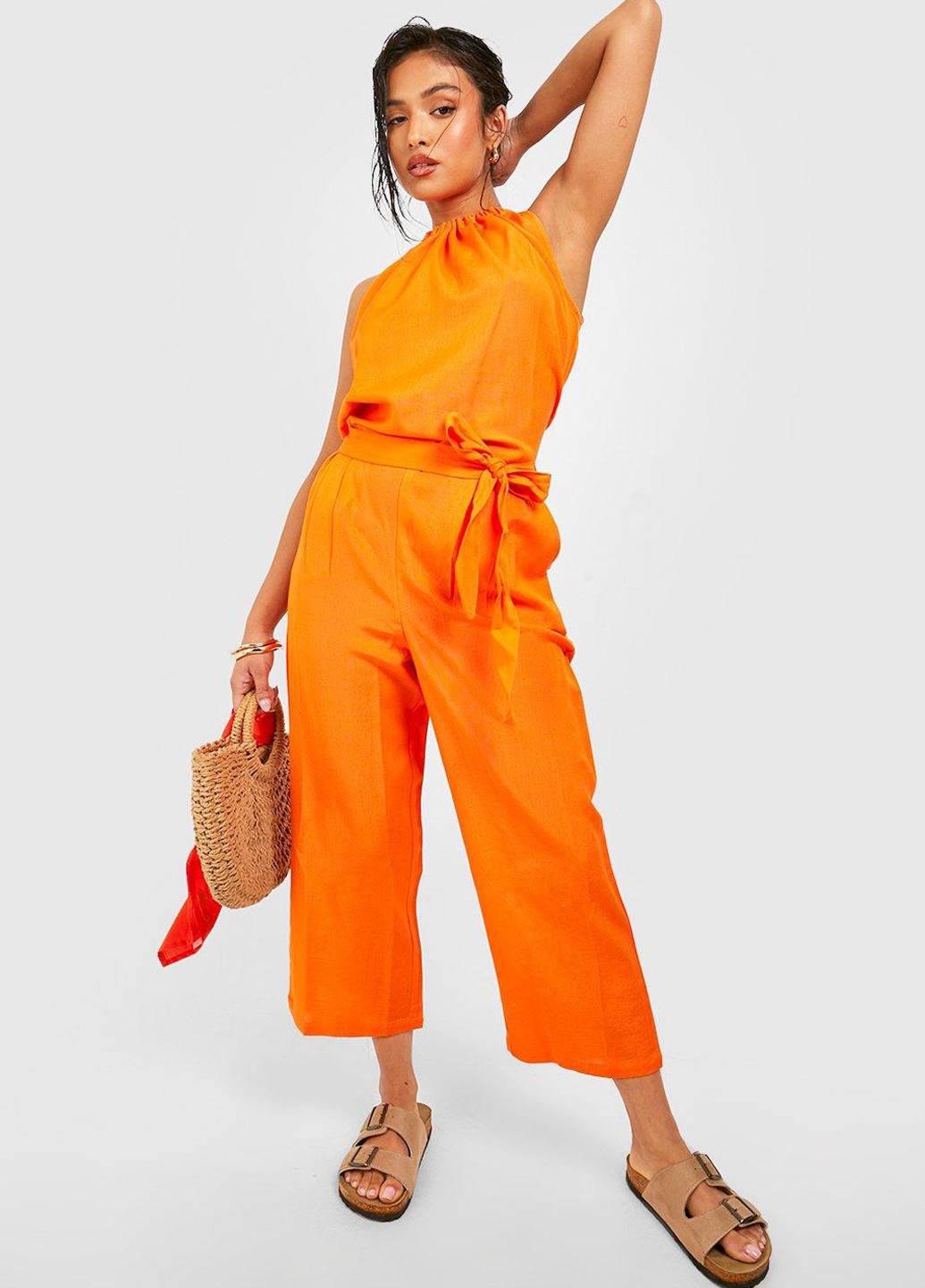 Комбінезон Boohoo комбінезон-брюки однотонний помаранчевий кежуал льон, віскоза