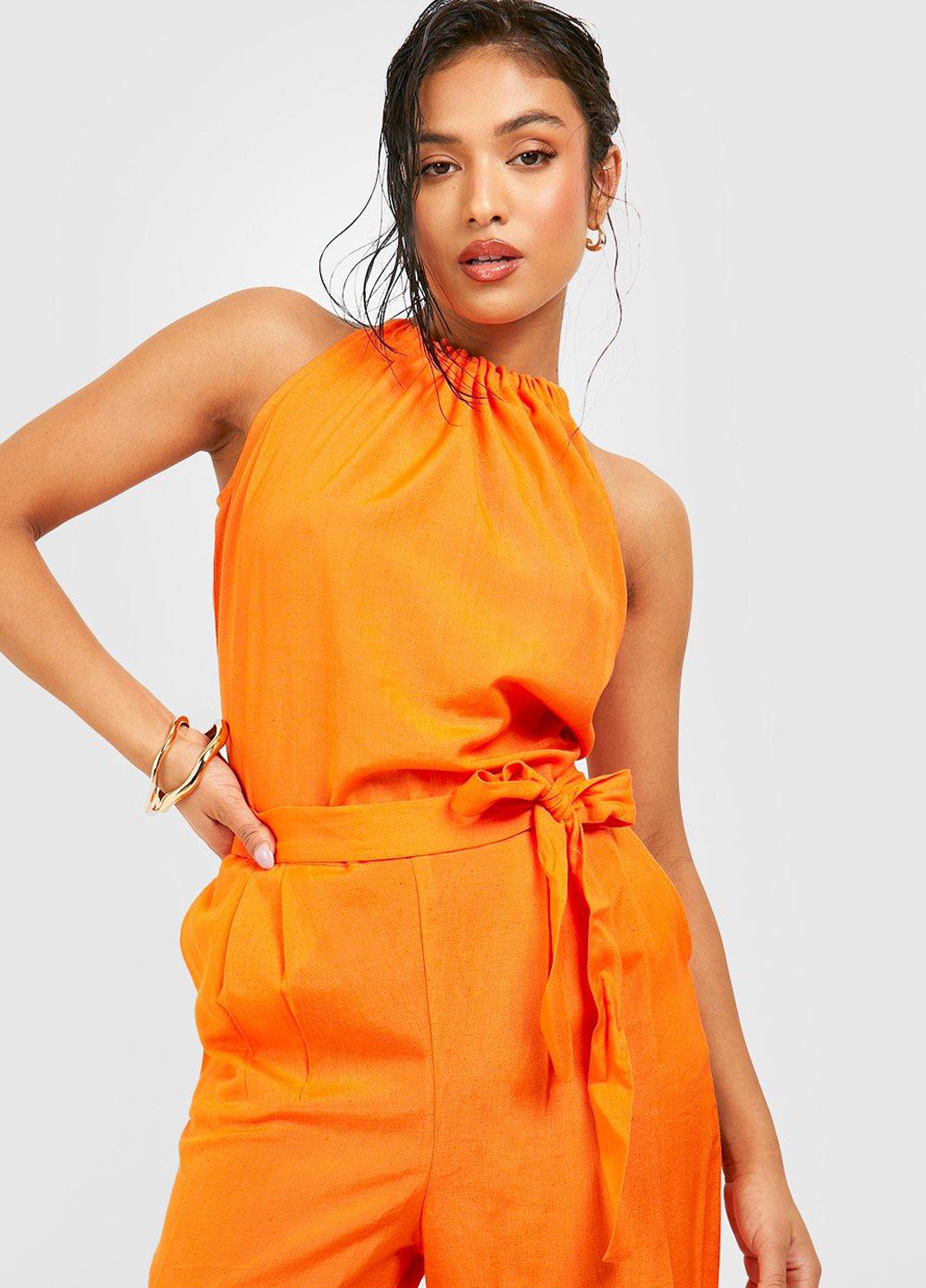 Комбінезон Boohoo комбінезон-брюки однотонний помаранчевий кежуал льон, віскоза