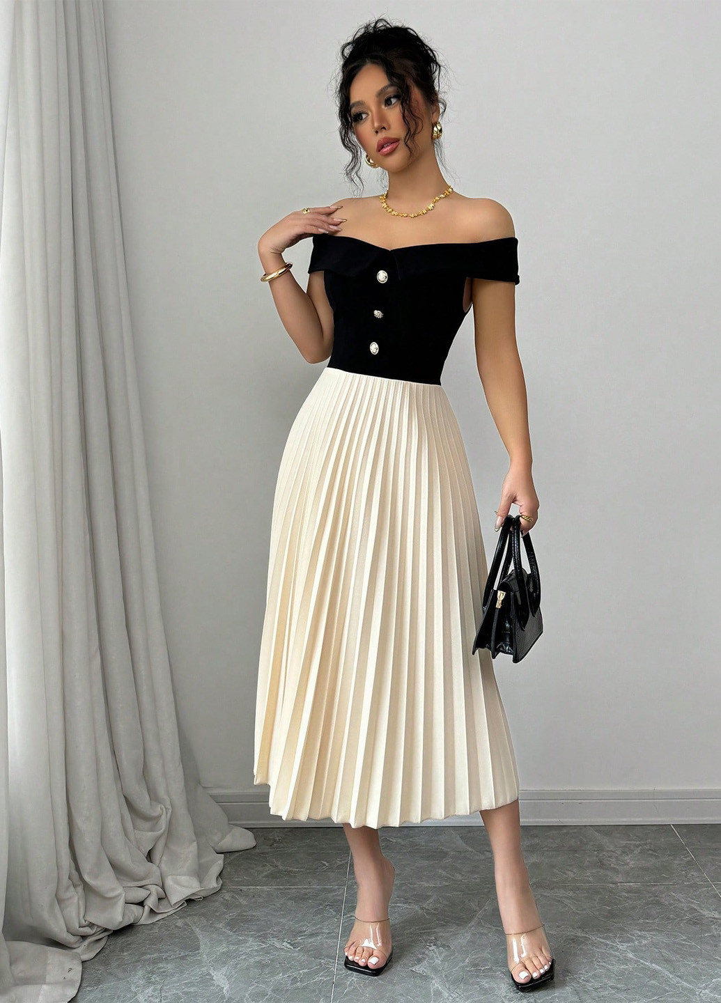 Кремова кежуал сукня з відкритими плечима, плісована SHEIN колор блок