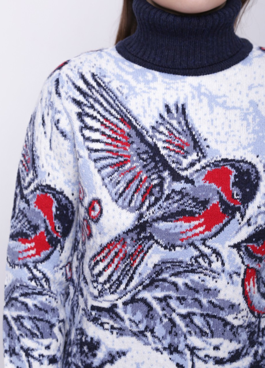 Темно-синій зимовий жіночий светр темно-синій зимовий з птахами Pulltonic Прямая