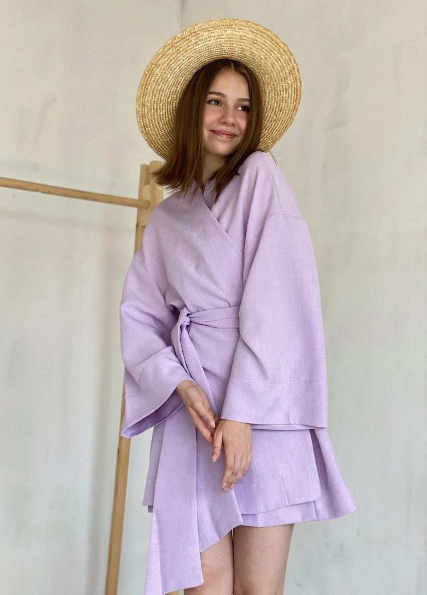 Лілова кежуал футболка кімоно з пояском "токіо" romashka, ліловий, one size (4274) Ромашка однотонна