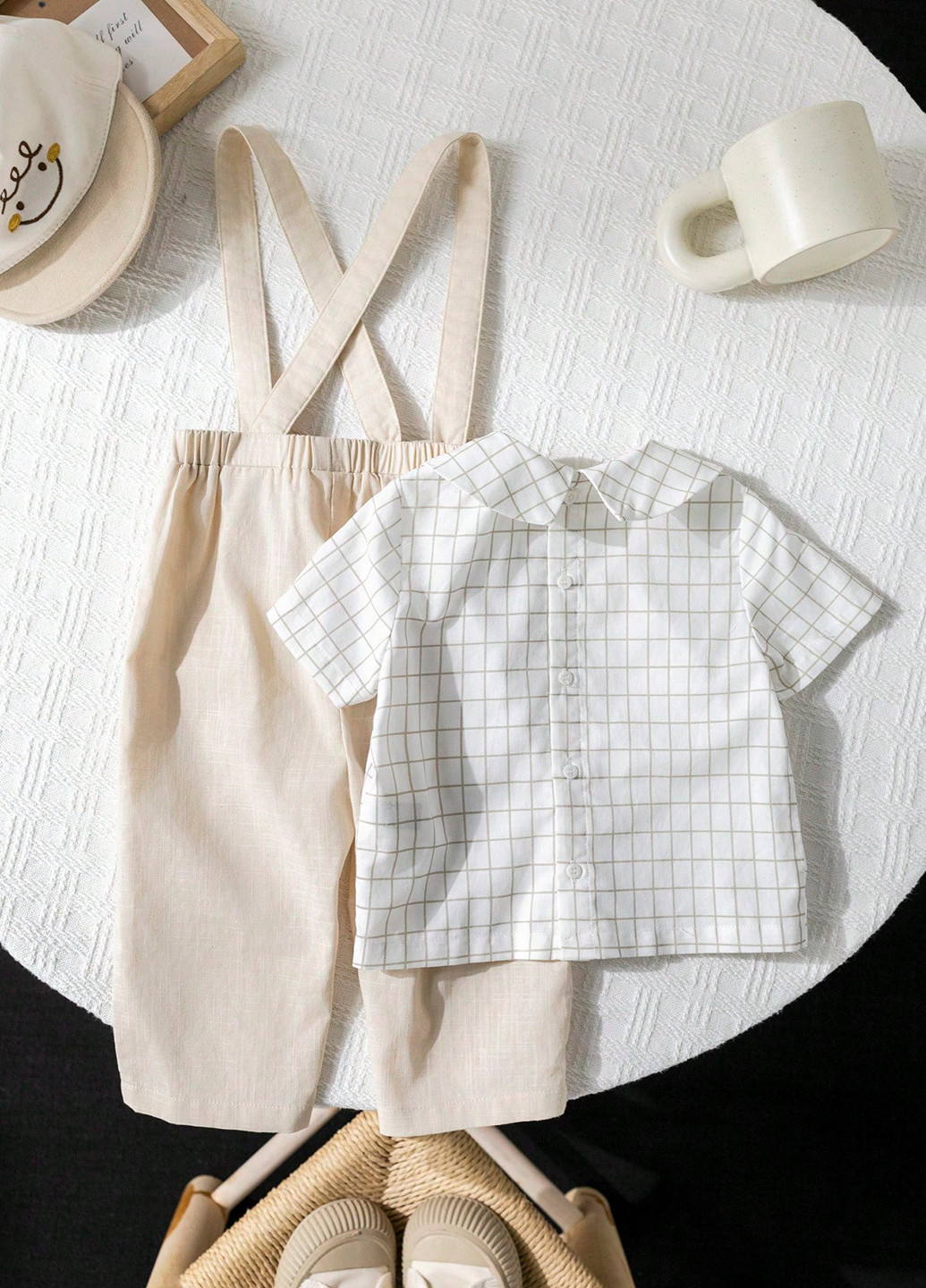 Светло-бежевый летний комплект (рубашка, брюки, комбинезон) SHEIN