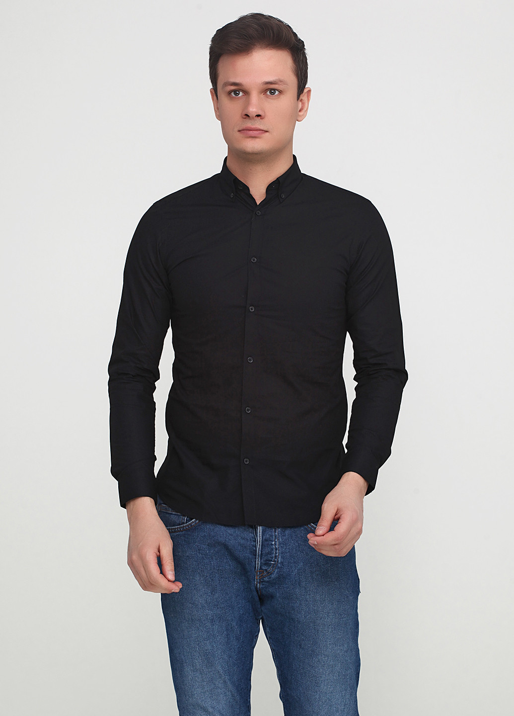 Черная кэжуал рубашка однотонная Jack & Jones с длинным рукавом