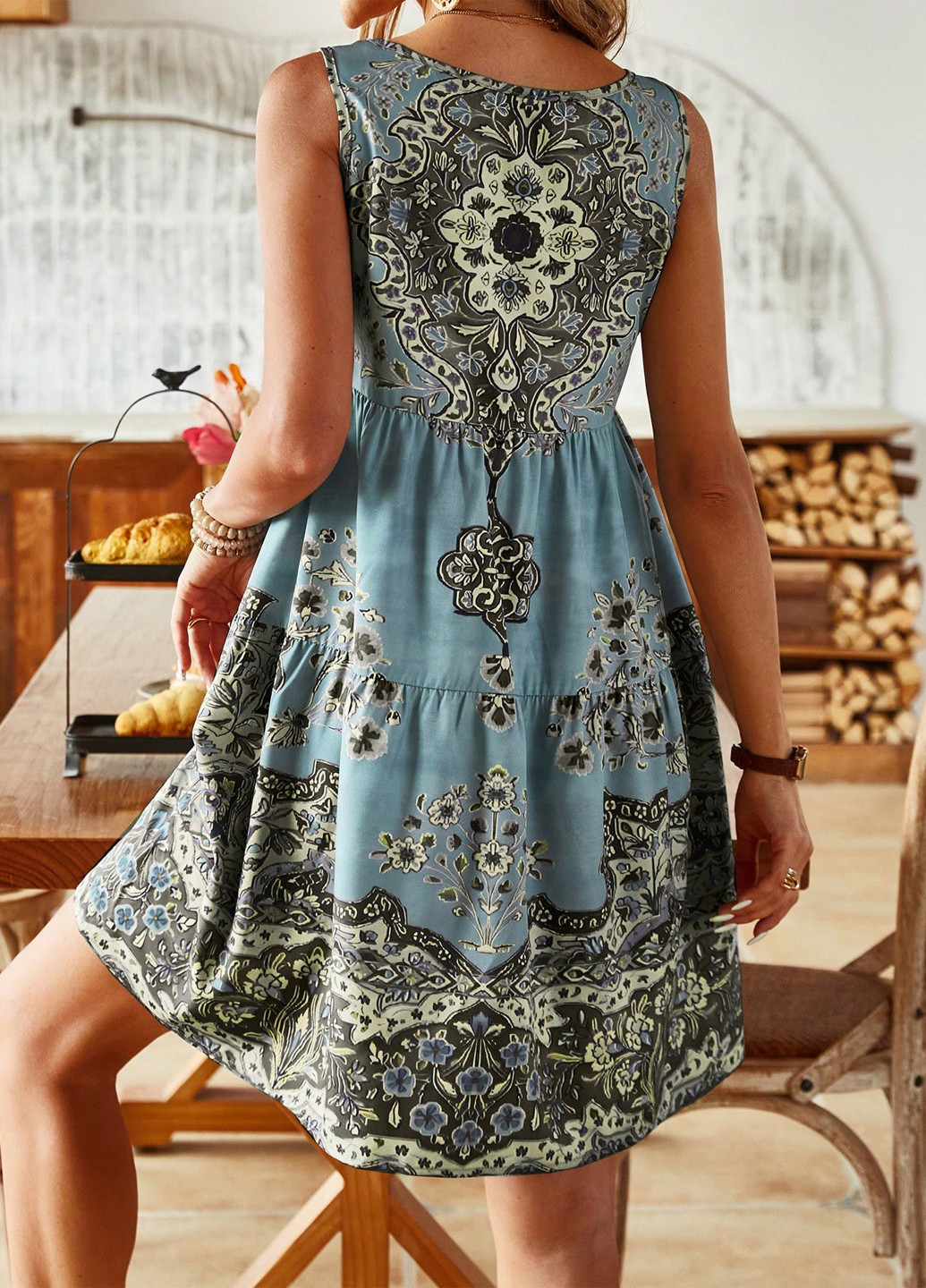 Голубое кэжуал платье а-силуэт SHEIN с рисунком