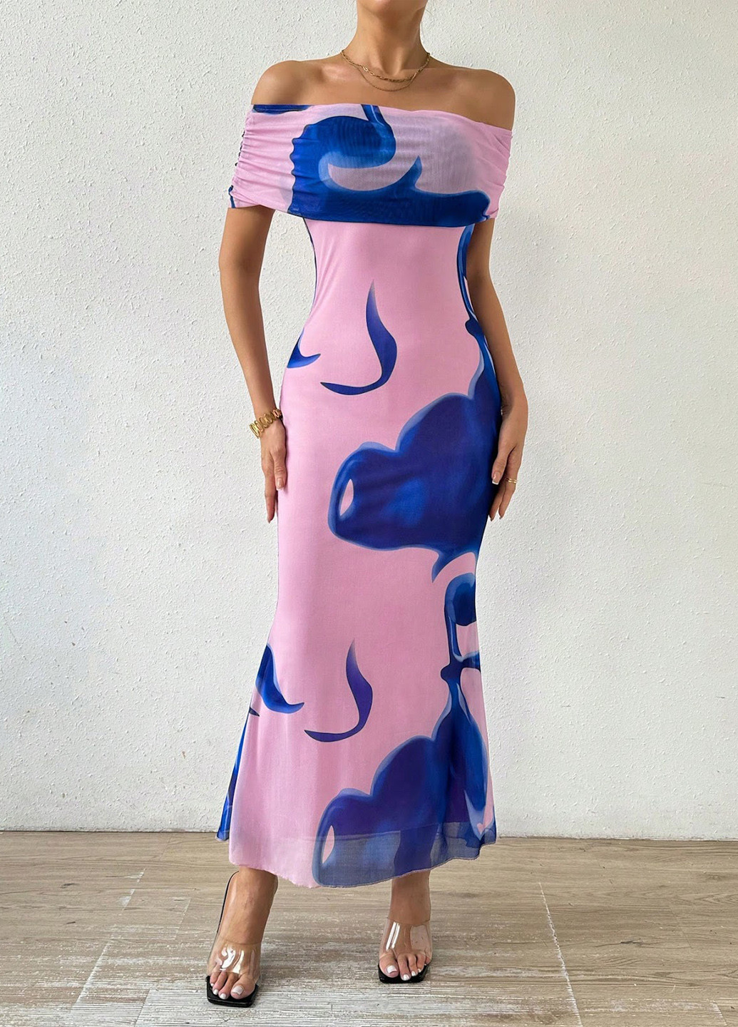 Рожево-лілова кежуал сукня з відкритими плечима SHEIN з малюнком