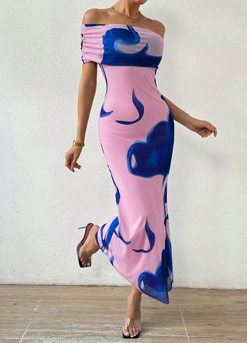 Рожево-лілова кежуал сукня з відкритими плечима SHEIN з малюнком