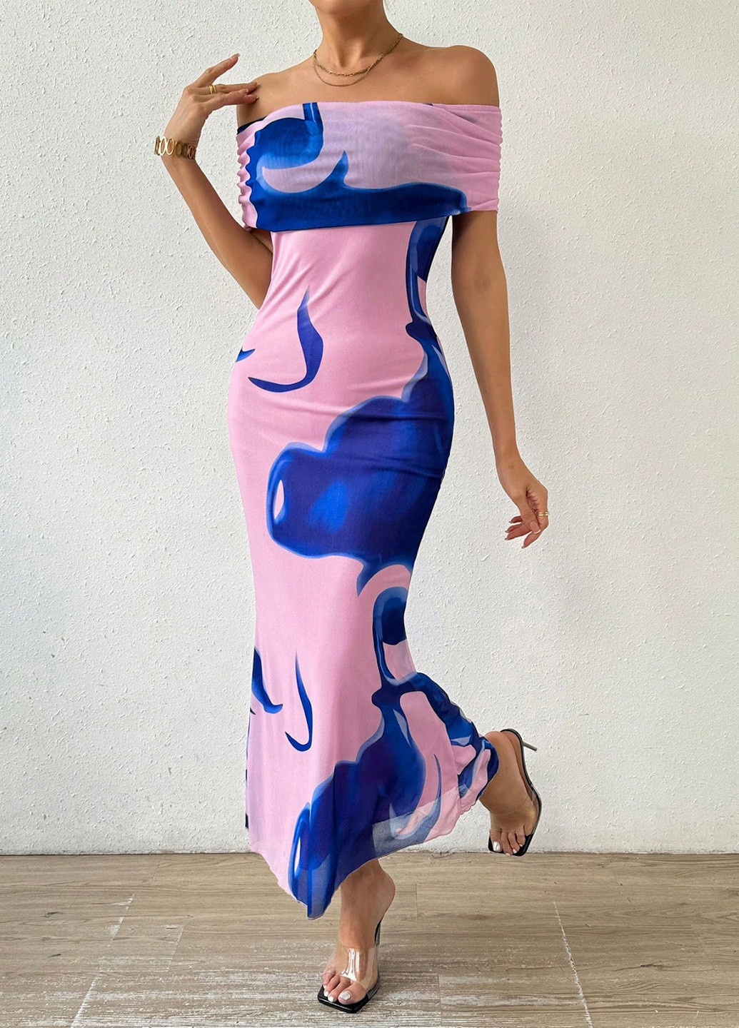 Рожево-лілова кежуал сукня з відкритими плечима SHEIN з малюнком