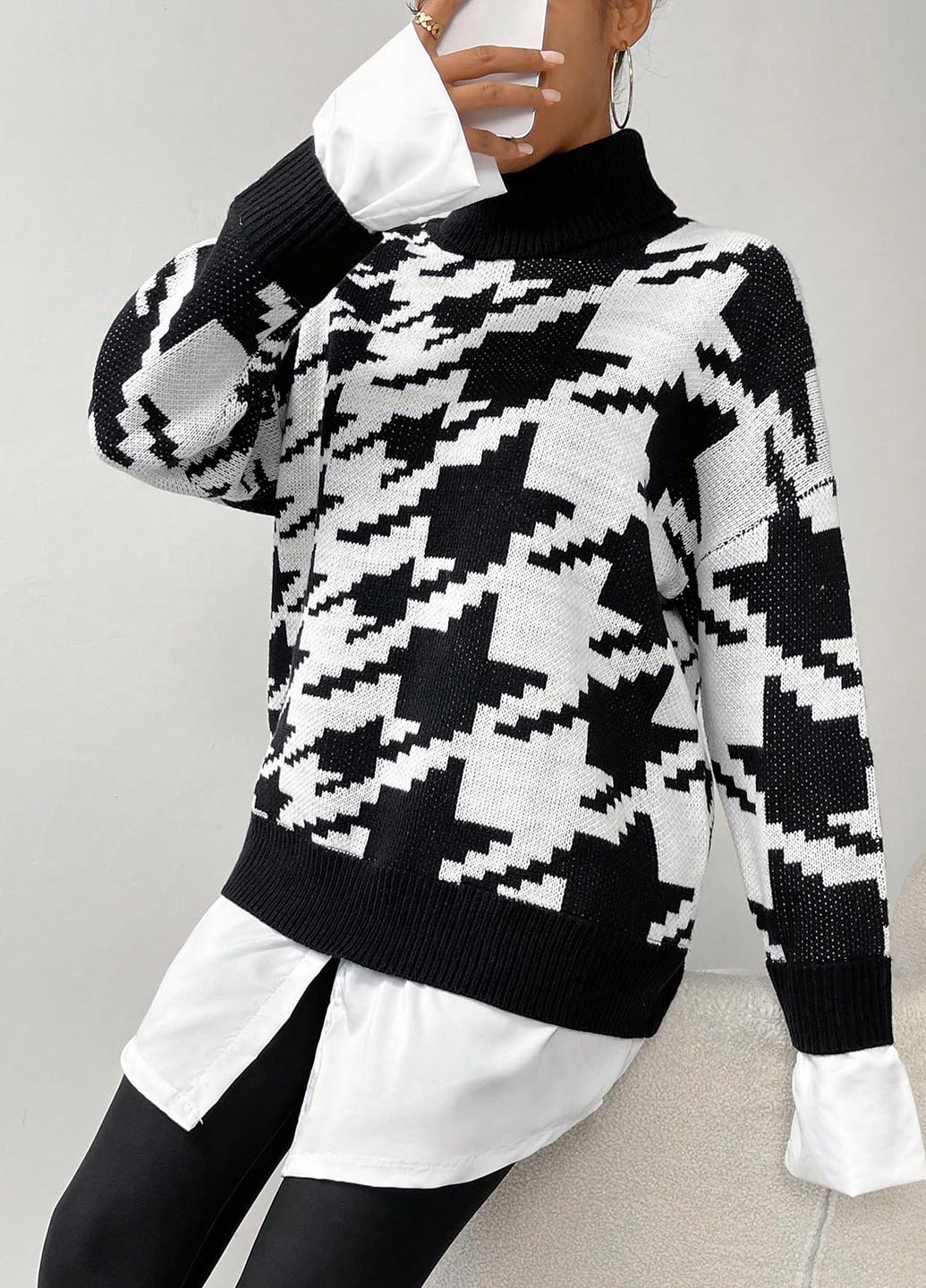 Черно-белый зимний свитер SHEIN